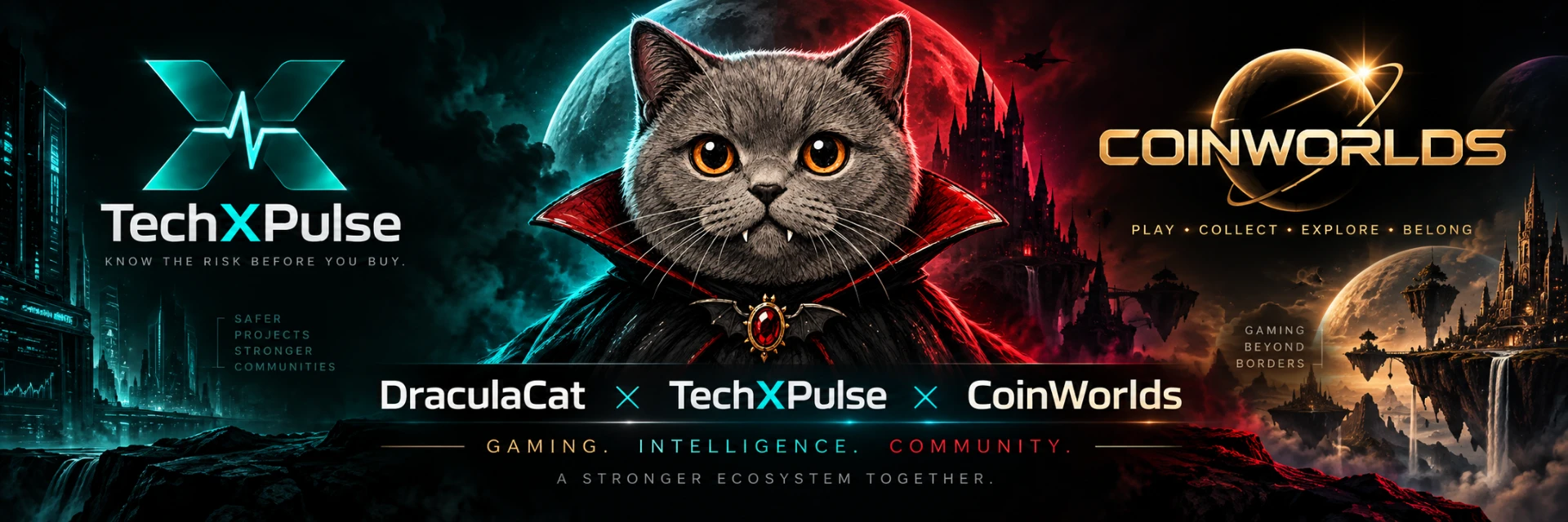 DraculaCat x TechXPulse x CoinWorlds — official partnership banner