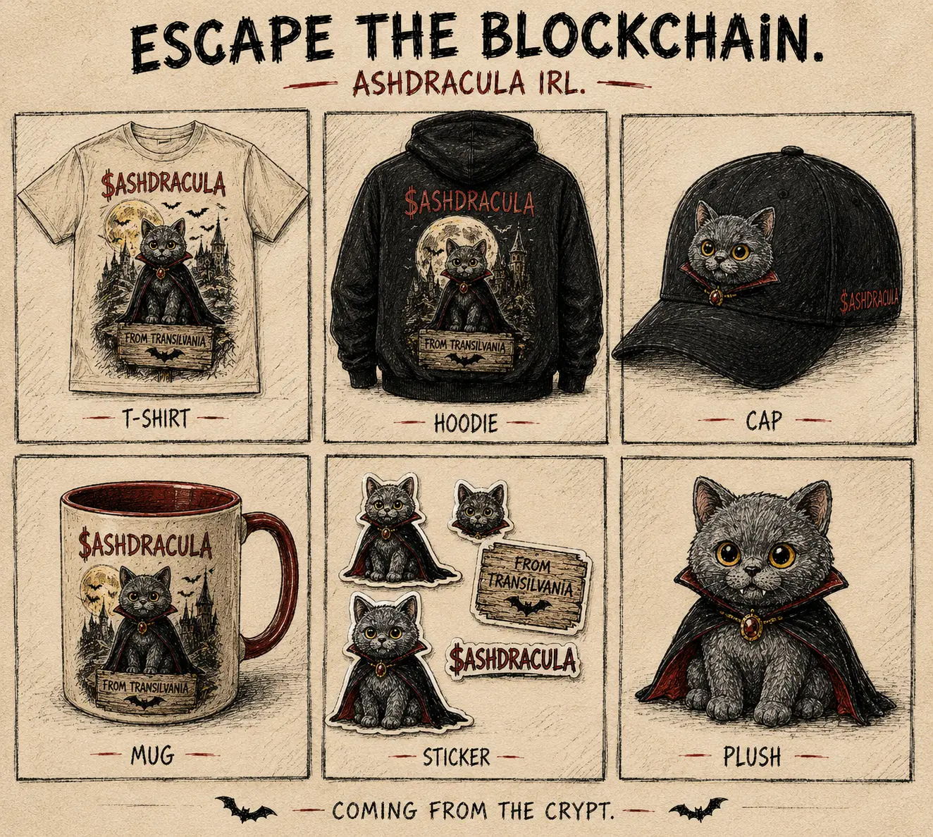 AshDracula merchandise mockups: T-shirt, hoodie, cap, mug, stickers and plush, each featuring the grey Dracula cat from Transylvania