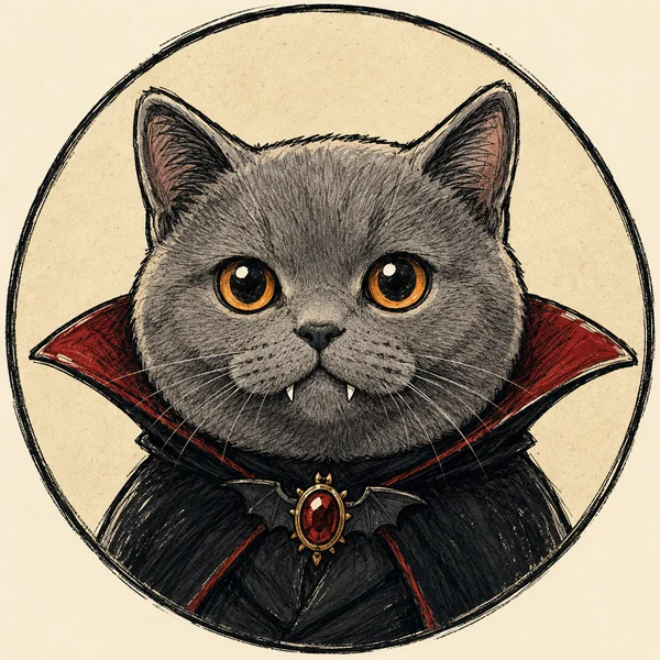 AshDracula — the grey Transylvanian cat in a vampire cape, avatar of the memes